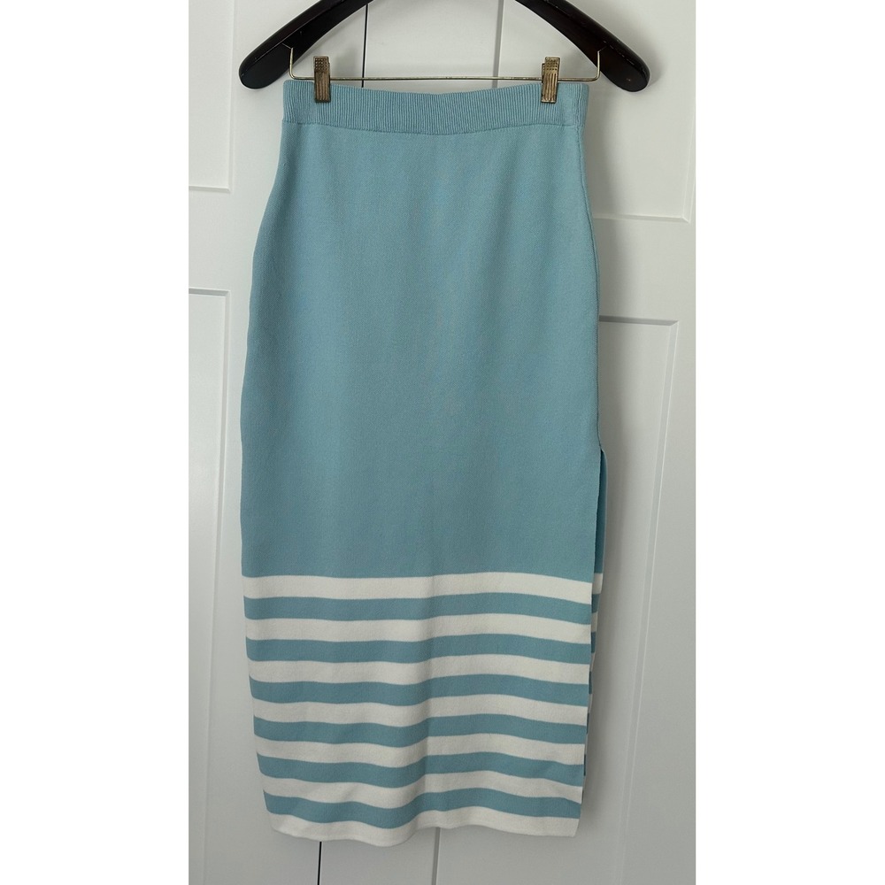Edited by Remi Bader Blue White Striped Knit Midi Skirt High Waist Side Slit S